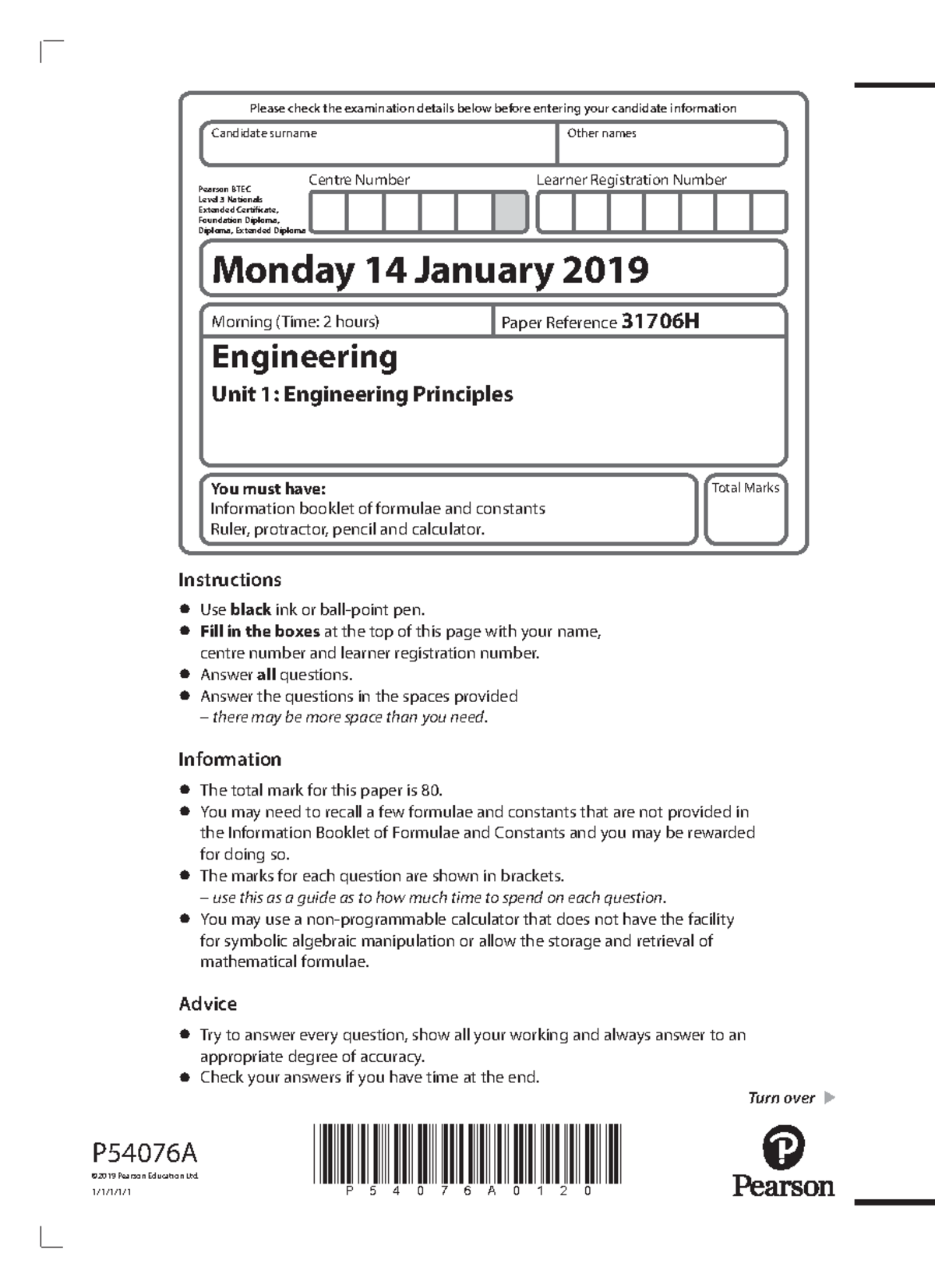 Unit 1 - Engineering Principles Exam Paper Jan 2019 (P54076A) - Studocu