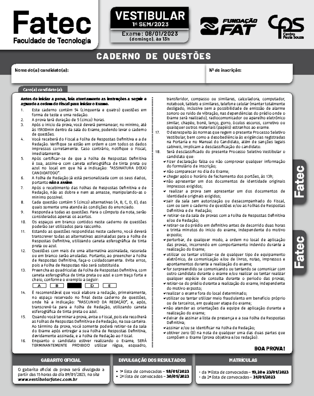 Prova Fatec 2023 - Primeiro Semestre: Caderno de Questões e Instruções ...