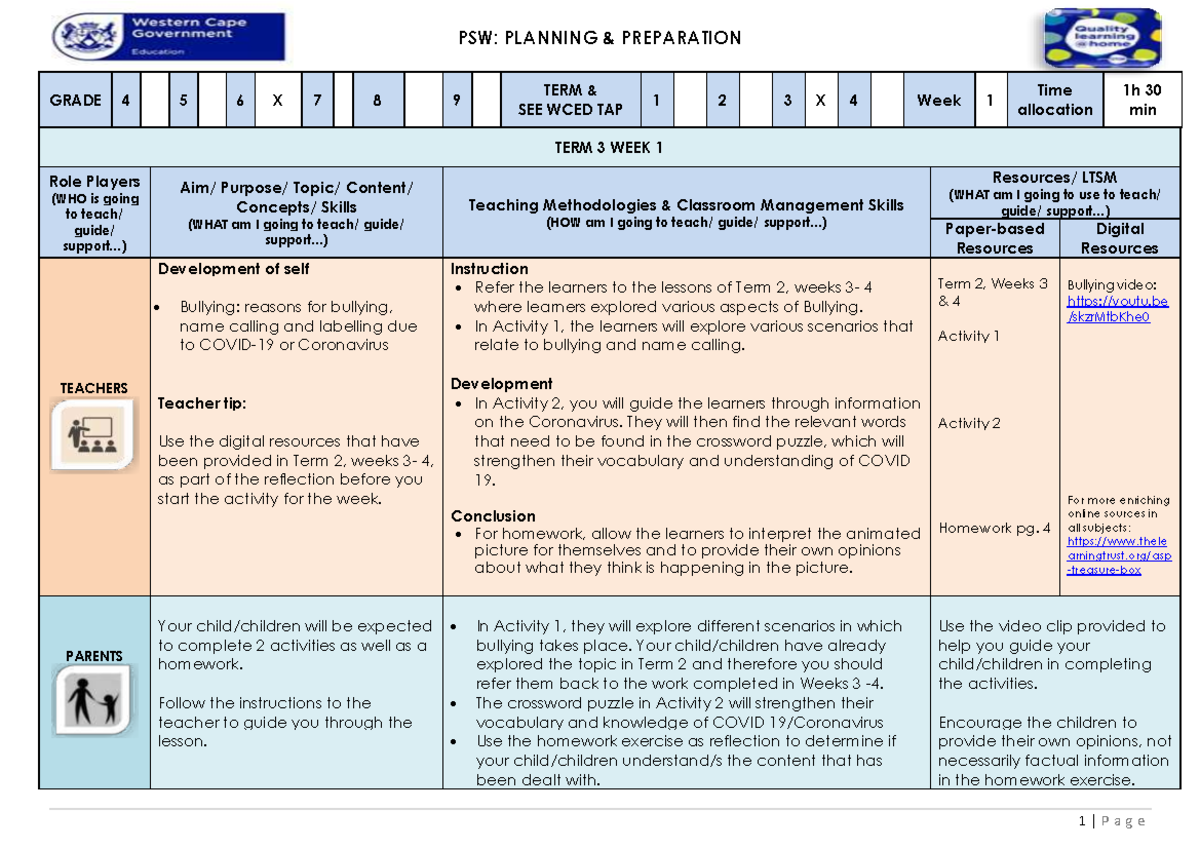 Lesson Plan Gr. 6 Life Skills PSW T3 W1: Bullying & COVID-19 Activities ...
