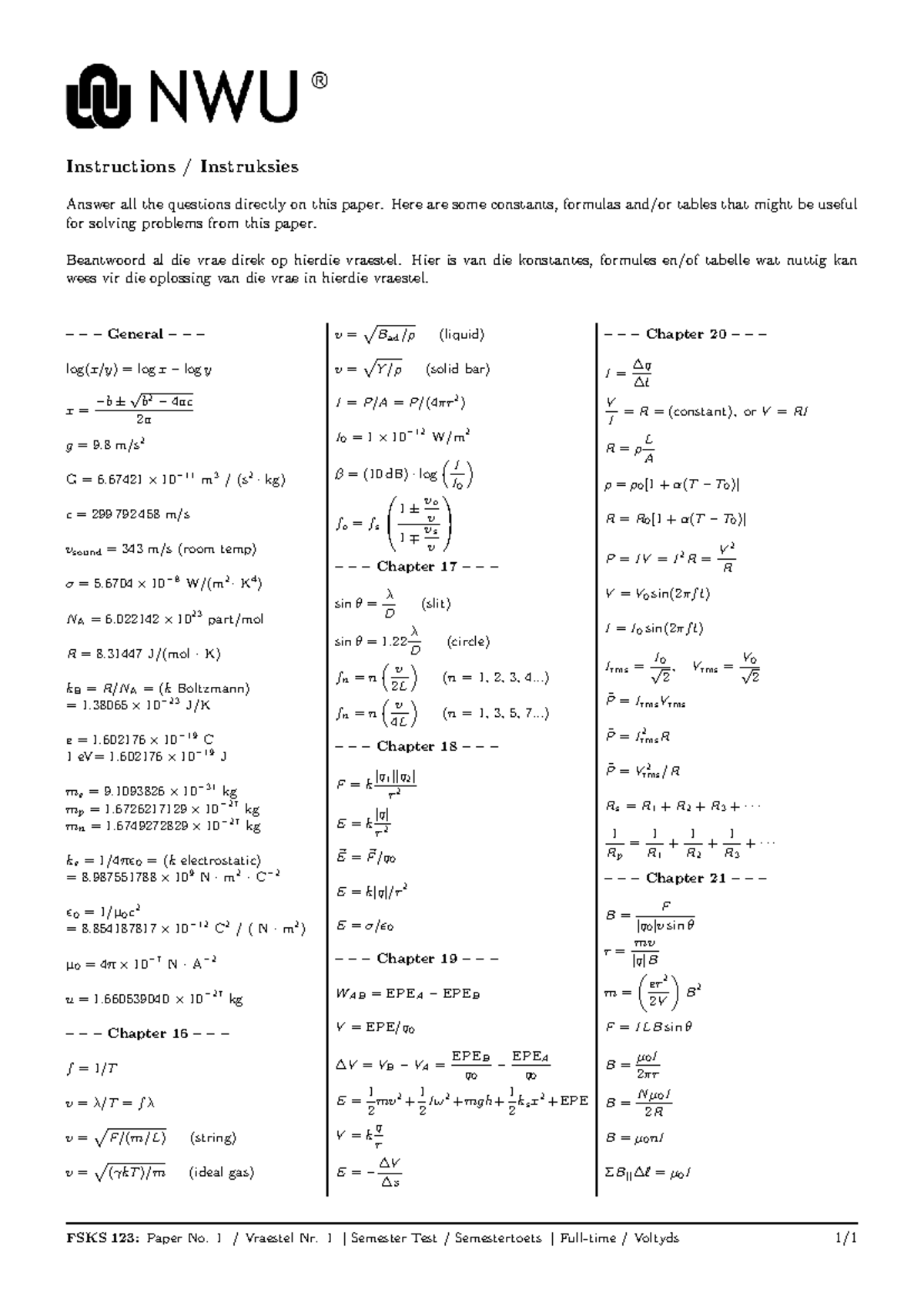 FSKS 123: Semester 2 Formulas and Constants for Test Preparation - Studocu