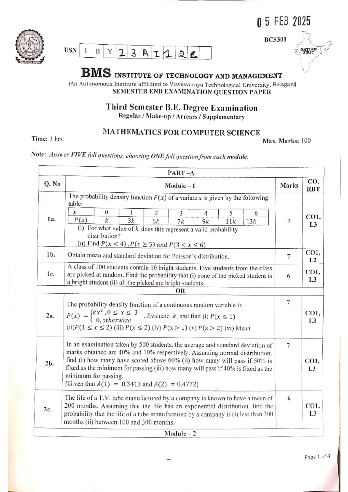 CIE Scheme - Internal Assessment I (BMS BCS401) - Analysis & Design of ...