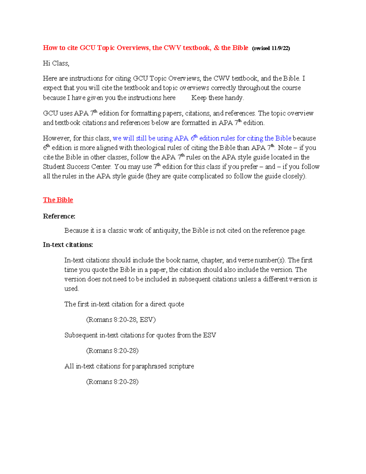 Citing GCU Topic Overviews, CWV Textbook & Bible (APA 6th/7th) - Studocu