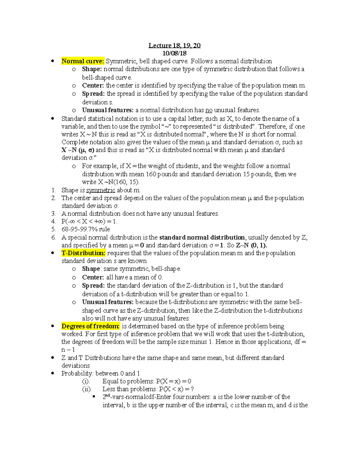 Test 4 - STAT 210 JAIN - Lecture 18, 19, 20 10/08/ Normal curve ...
