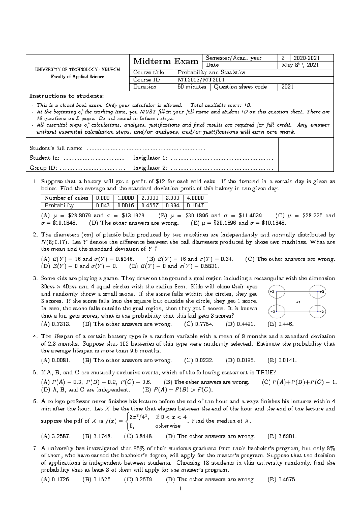 Midterm Exam MT2013 Probability and Statistics - CLC #2 2021 - Studocu