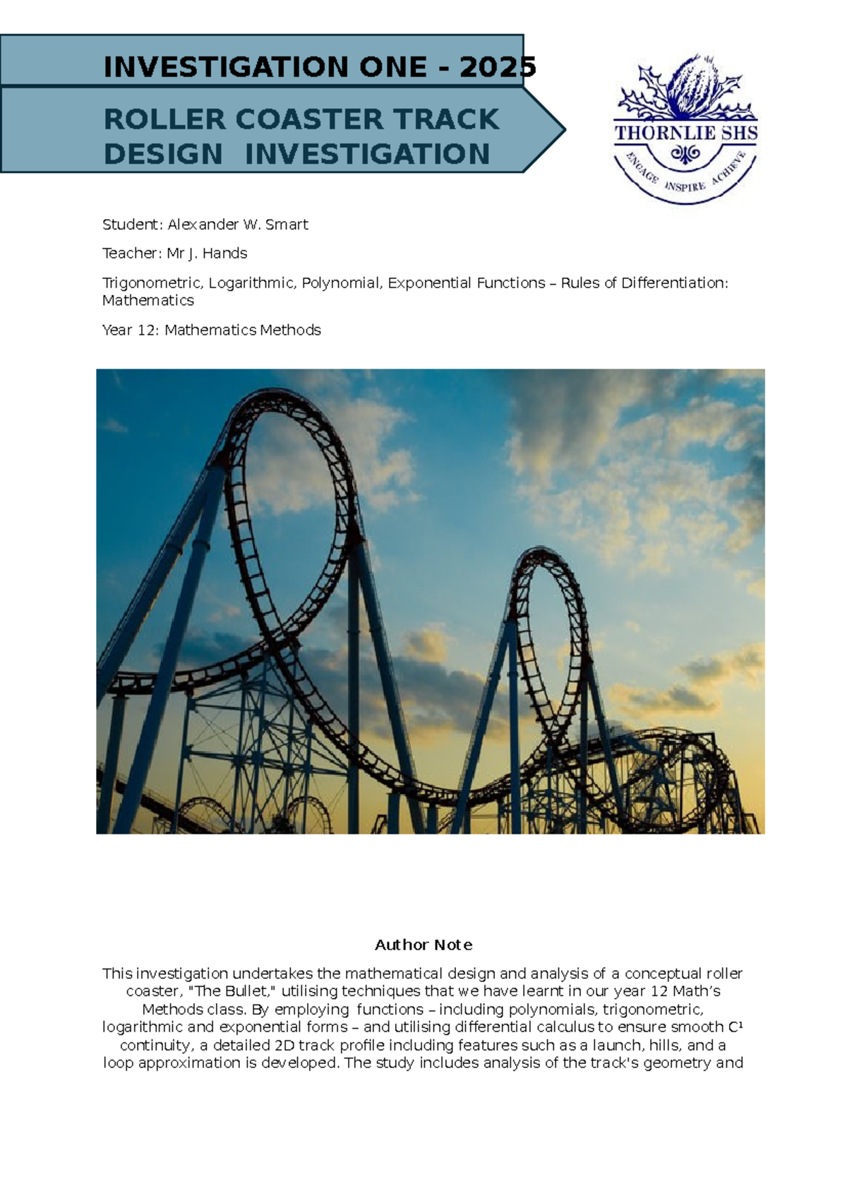 MATHEMATICS METHODS ATAR: ROLLER COASTER TRACK DESIGN INVESTIGATION ...