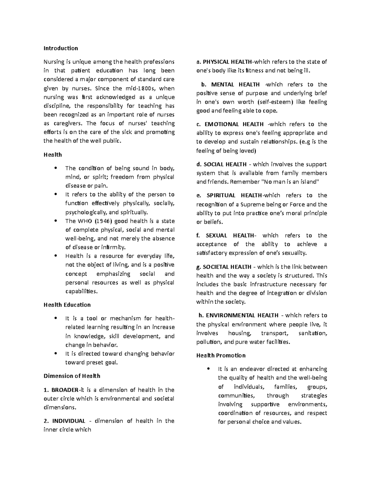 Week 1 Lecture Notes on Health Education: Key Concepts and Insights ...