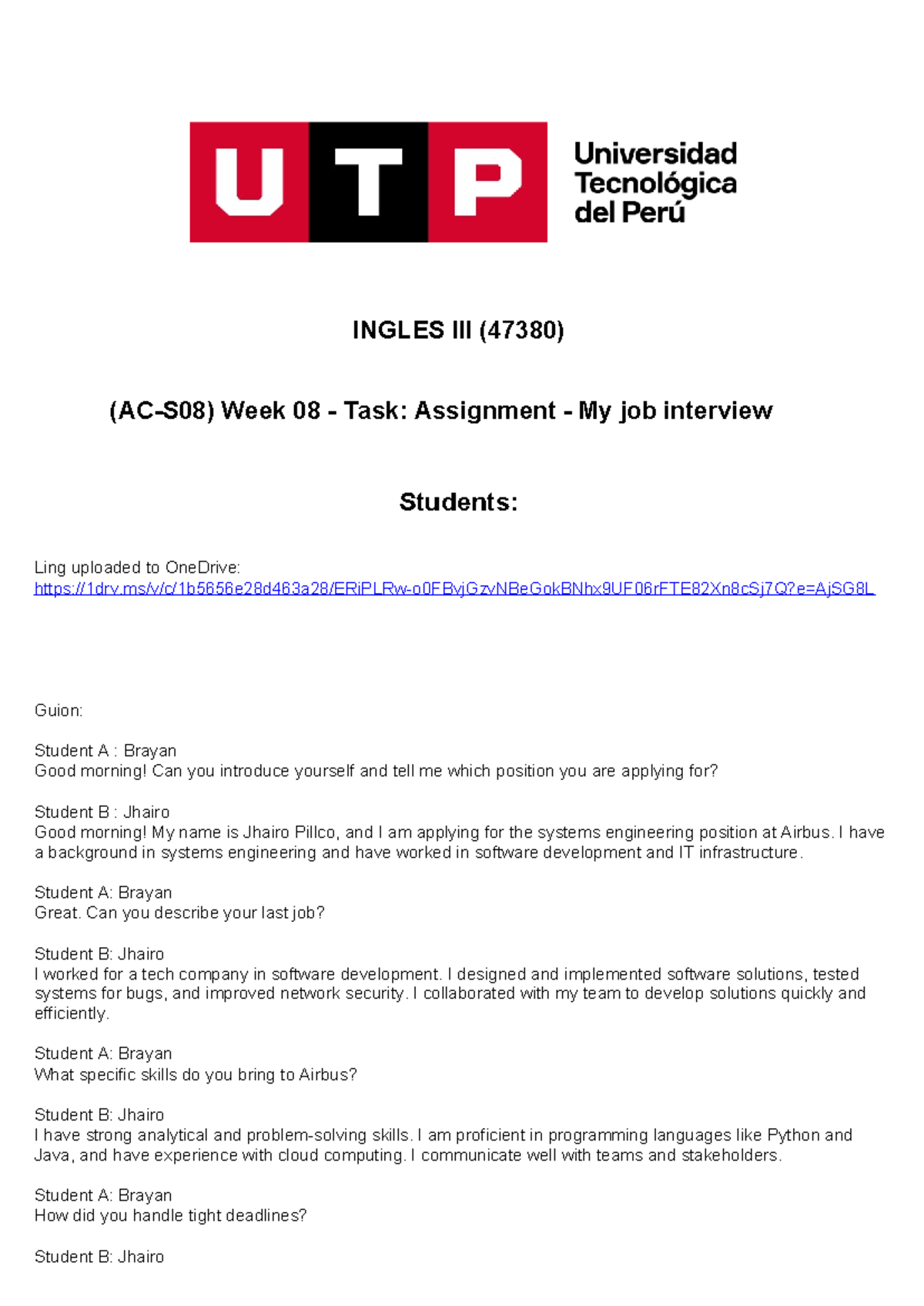Ingles III (47380) Semana 08 - Job Interview Assignment - Studocu