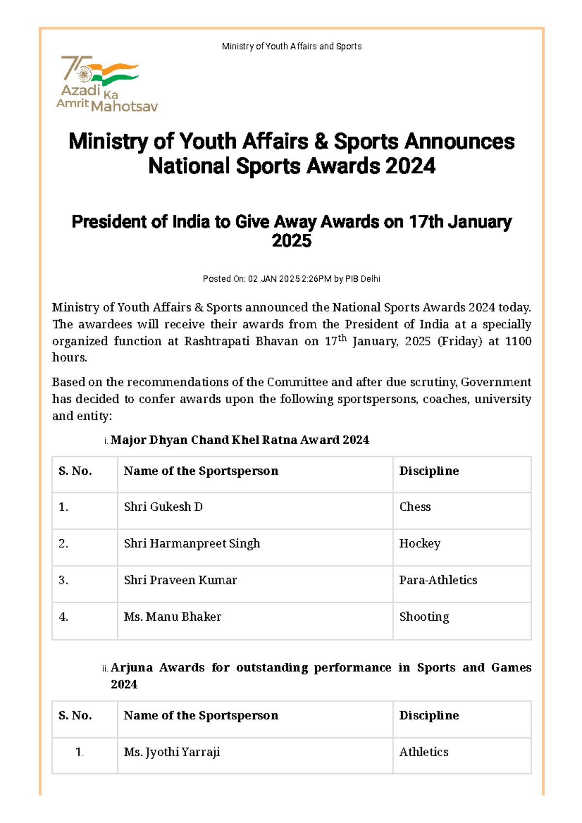 Award List - Nothing - Ministry of Youth Affairs and Sports Ministry of ...