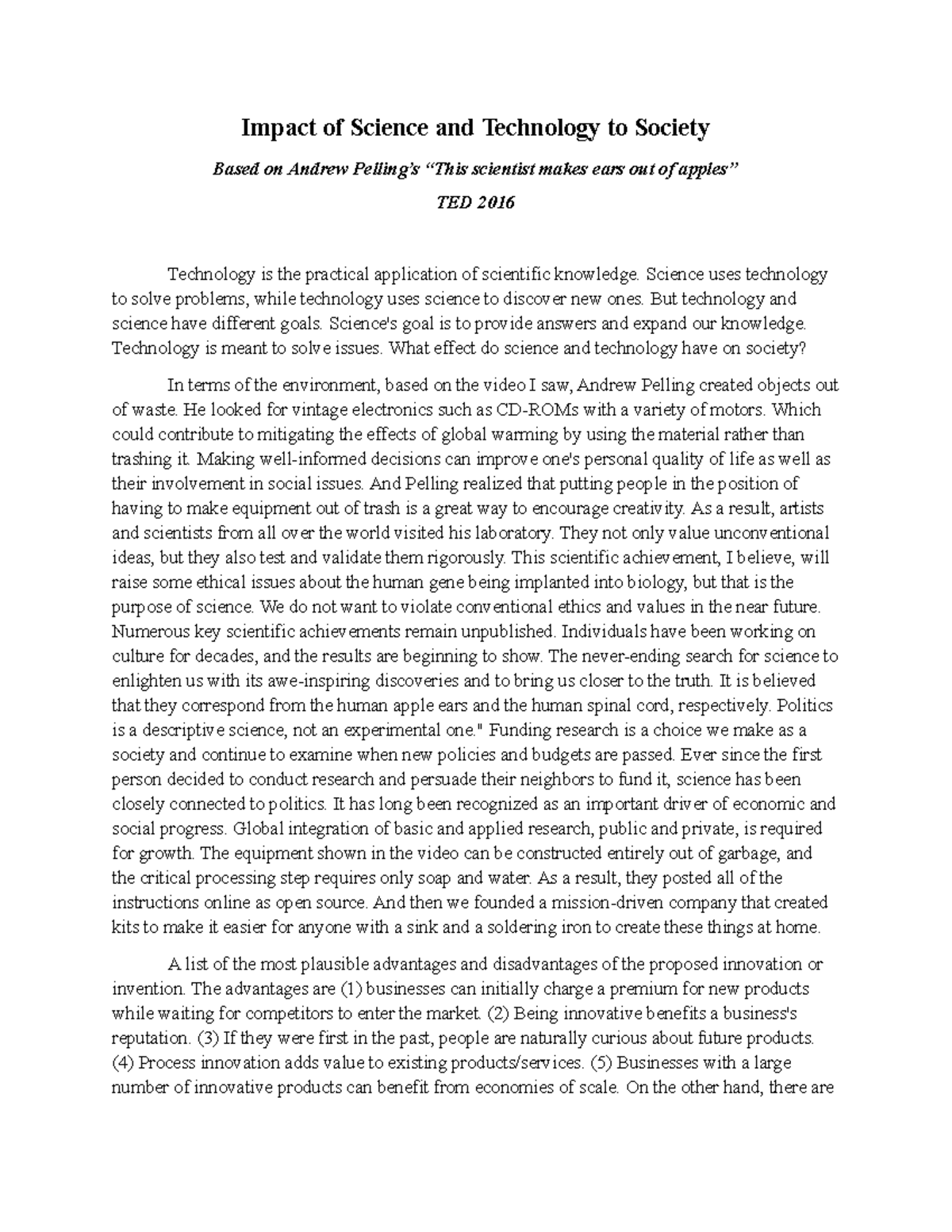 Reaction Paper. Impact of Science and Technology to Society - BSED ...