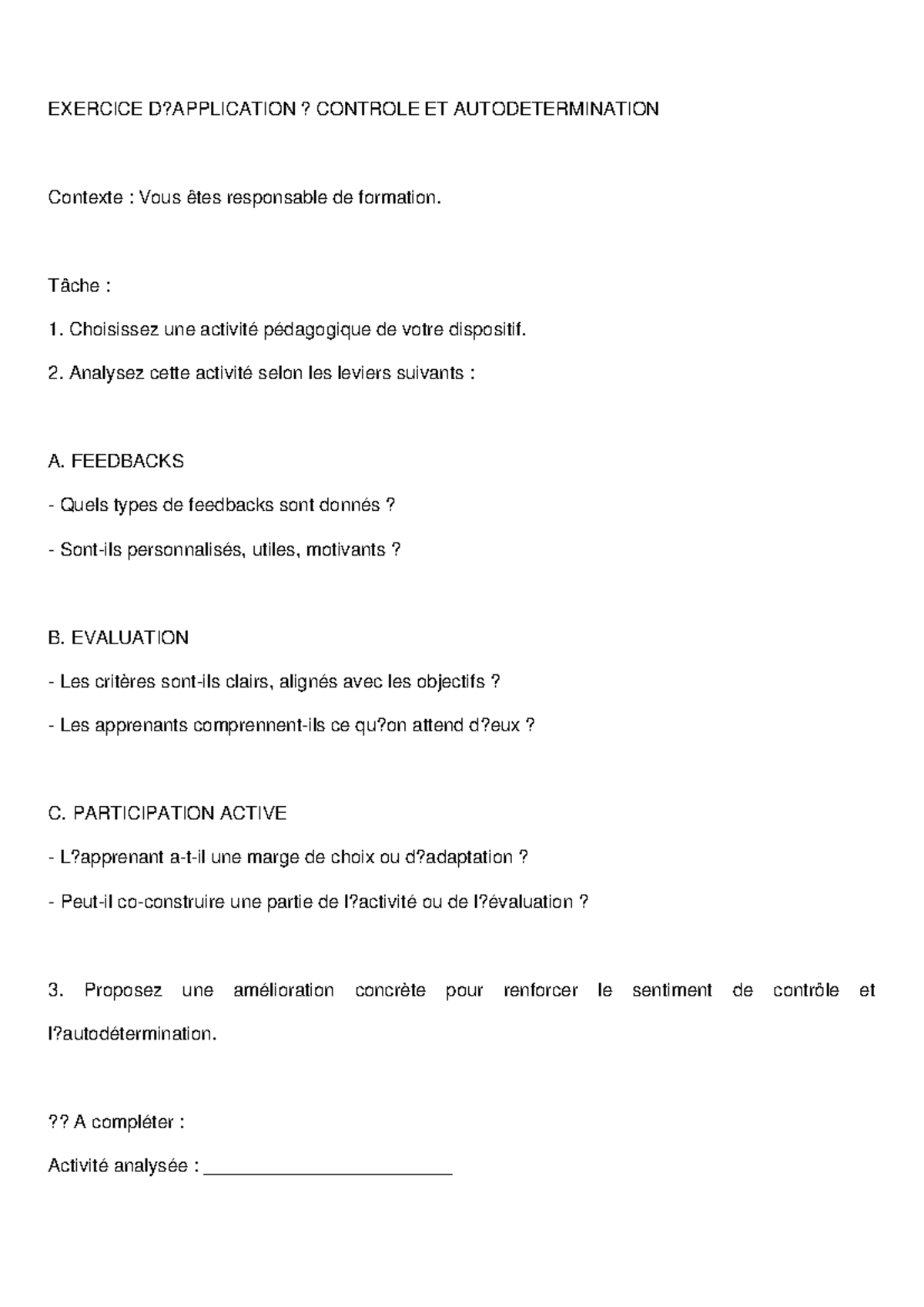Exercice d'Application : Contrôle et Autodétermination en Formation ...
