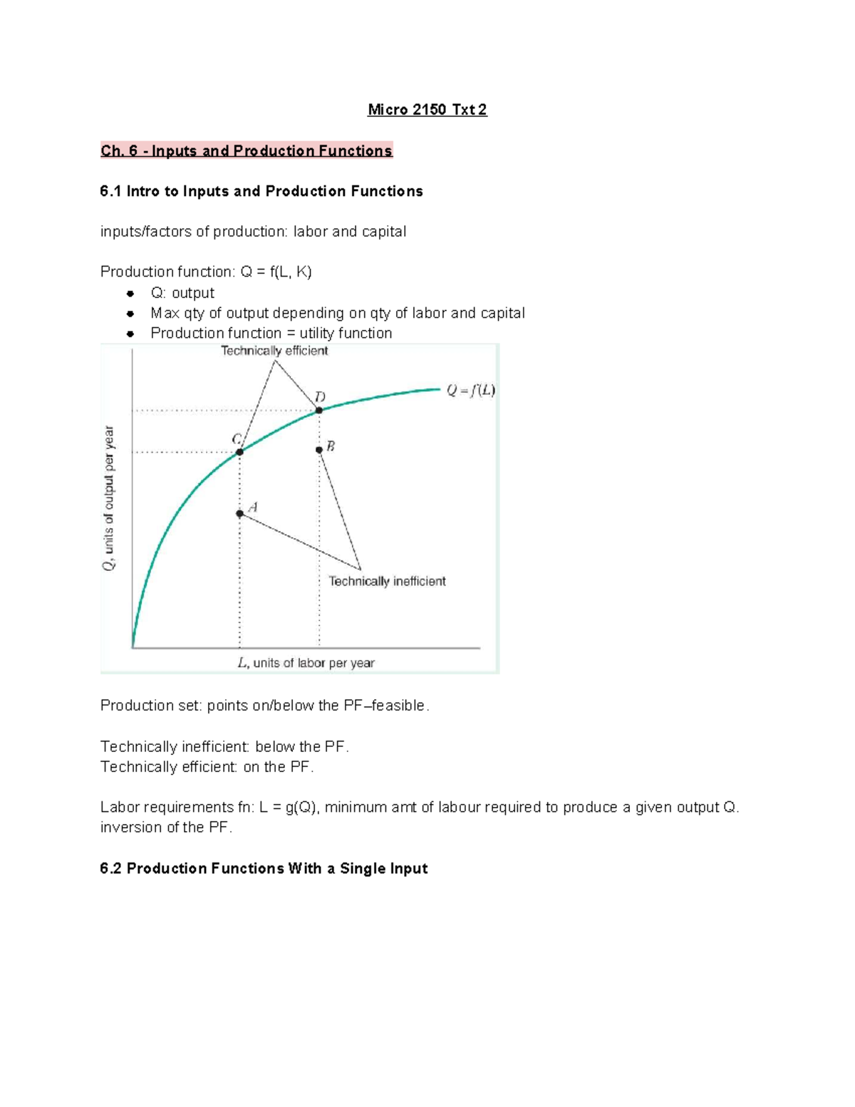 Micro 2150 Txt 2 Ch. 6: Inputs and Production Functions Overview - Studocu