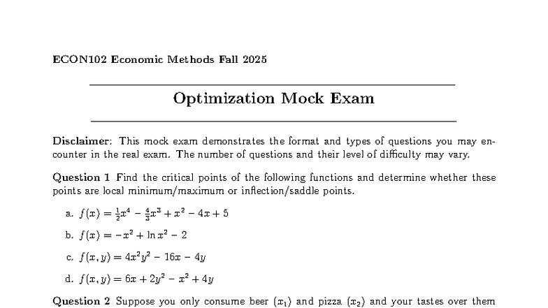 ECON102 Optimization Mock Exam Fall2025 - ECON102 Economic Methods Fall ...