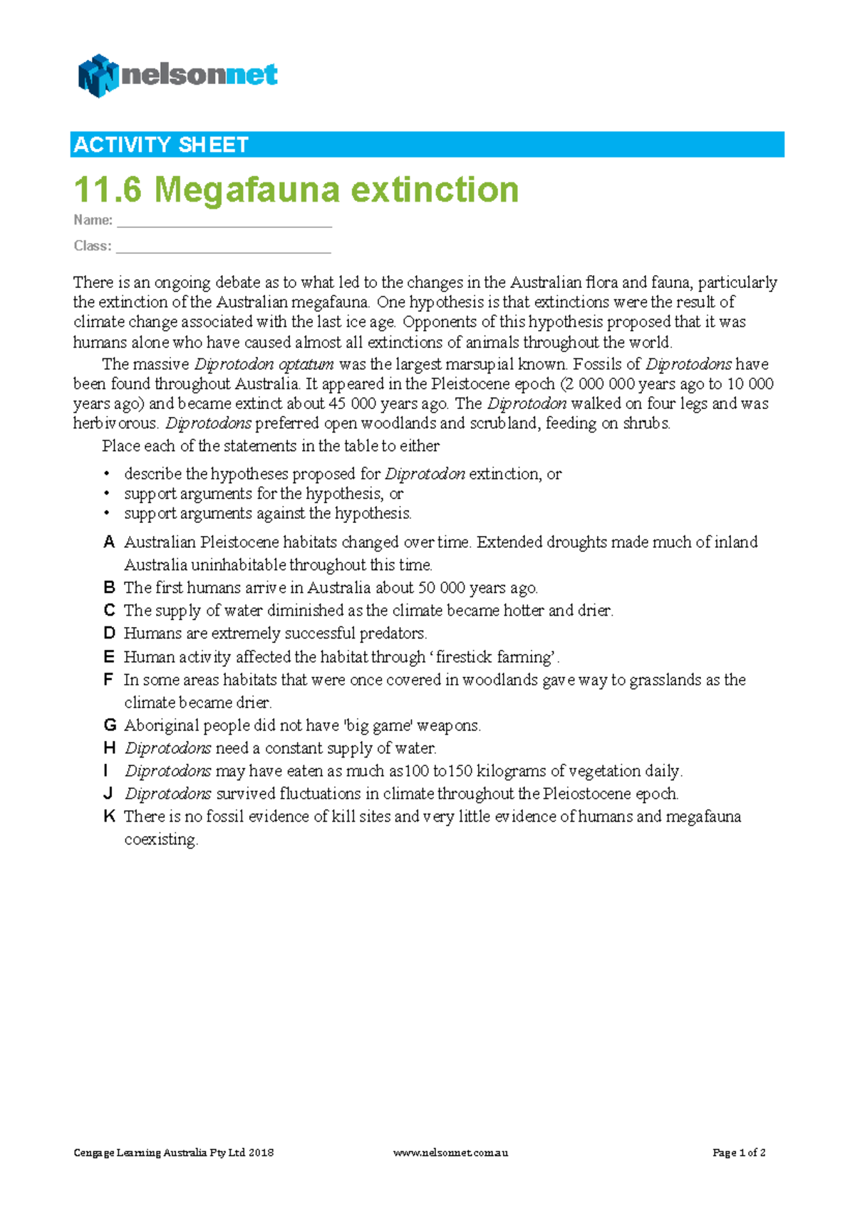 Megafauna Extinction Worksheet (11.6) - Climate Change vs Human Impact ...
