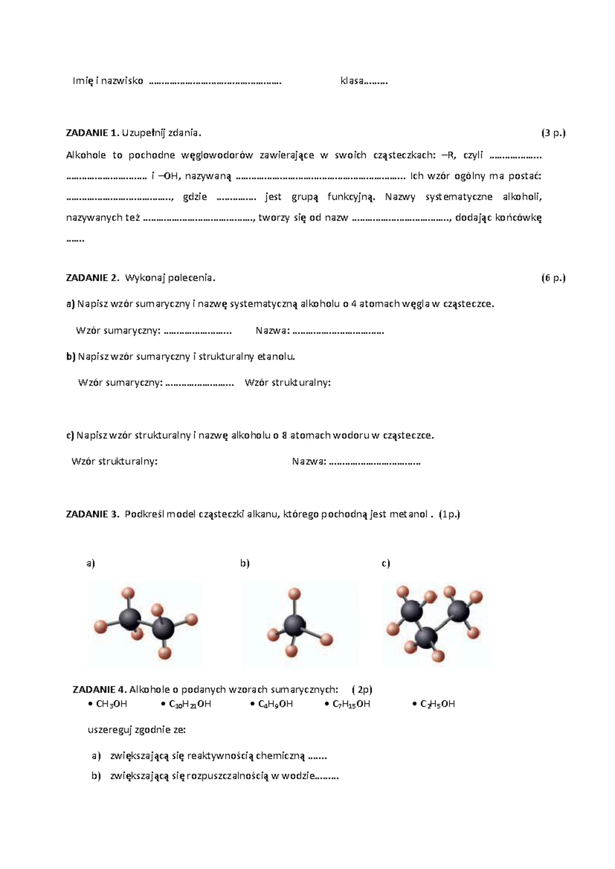 Sprawdzian Z Chemii Pochodne Węglowodorów Abcd www.studocu.com
