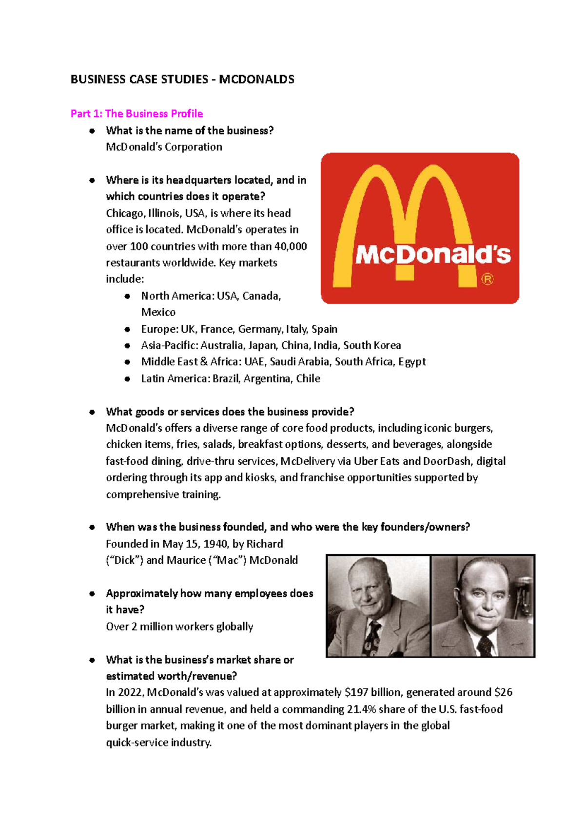 BUSINESS CASE STUDY: MCDONALD'S Overview & Operations Analysis - Studocu