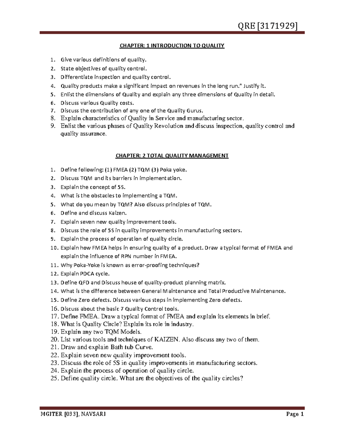 QRE Question Bank: Comprehensive Guide to Quality Management Concepts ...