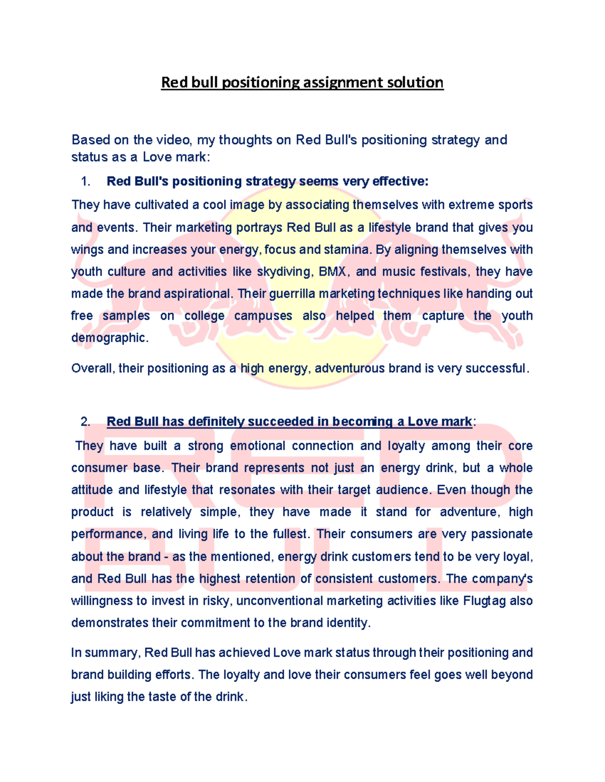 Red Bull Positioning Assignment Solution Analysis - Studocu