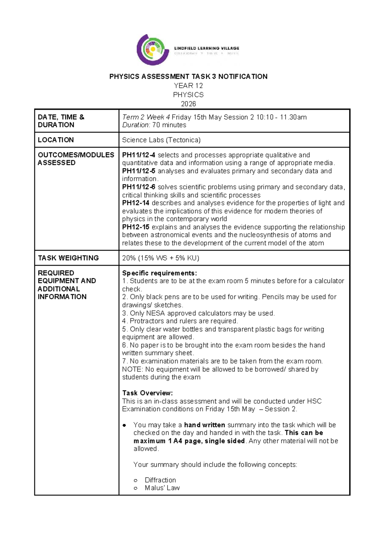 Year 12 Physics Assessment Task 3 Notification - May 2026 - Studocu