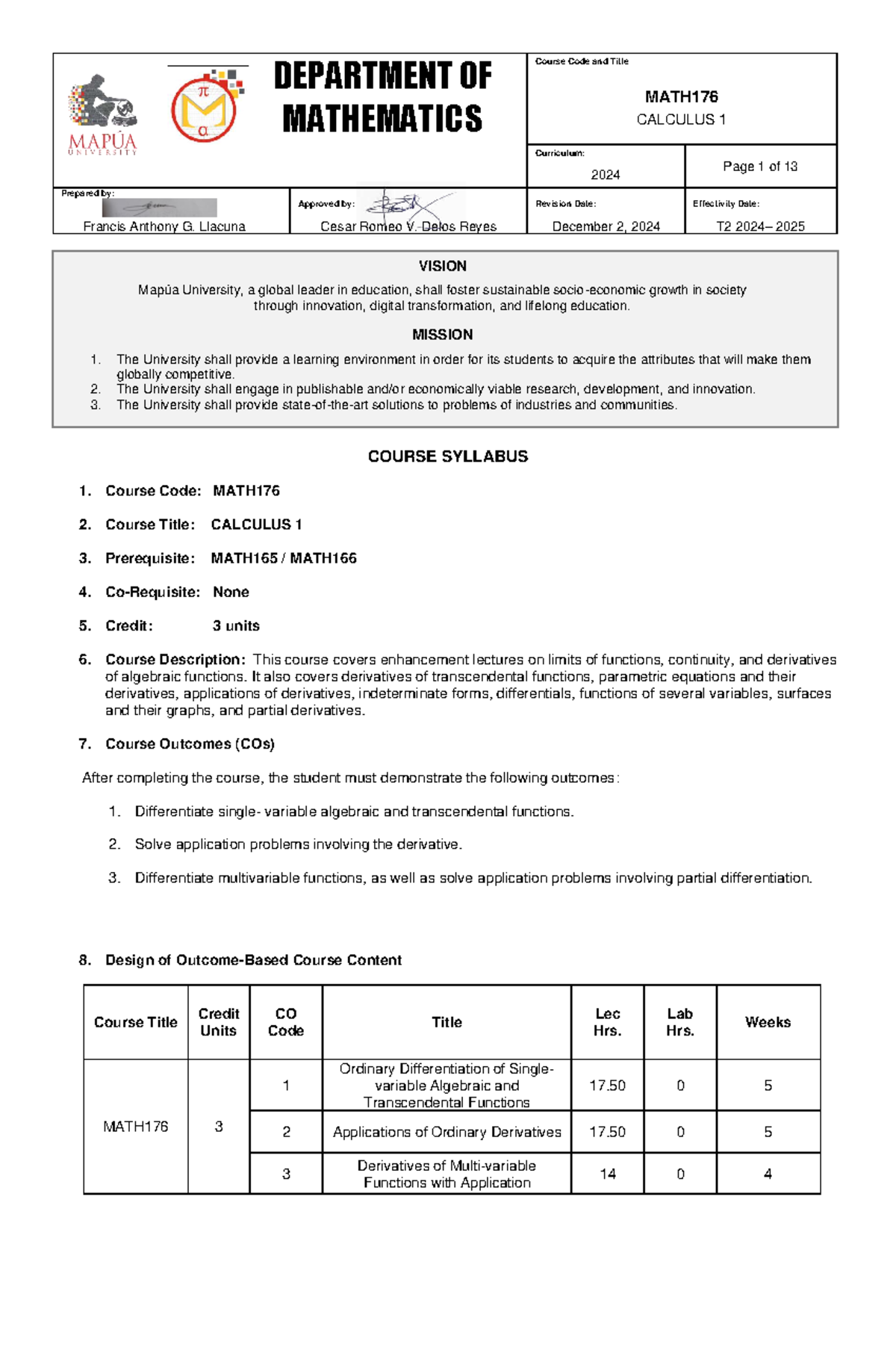 MATH176 AY 2024-2025 Syllabus for Calculus 1 Course - Studocu