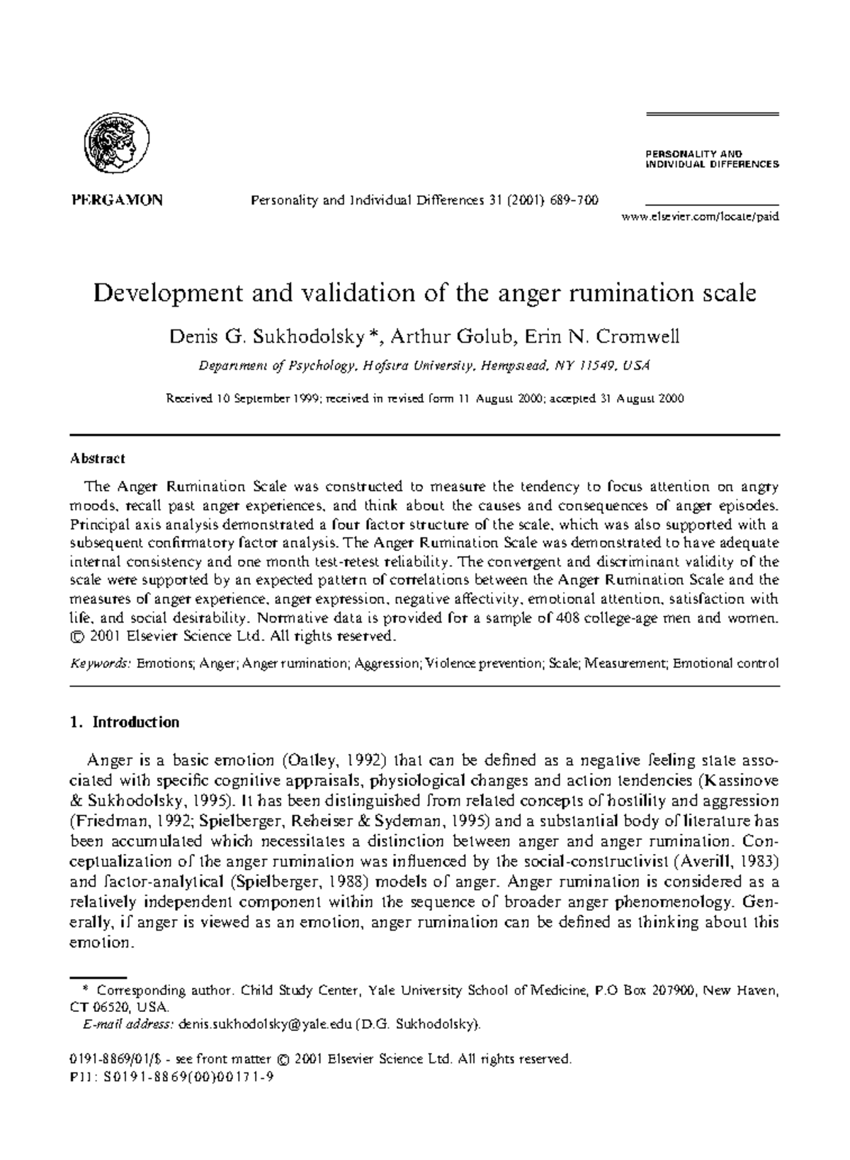 Development and Validation of the Anger Rumination Scale (ARS ...