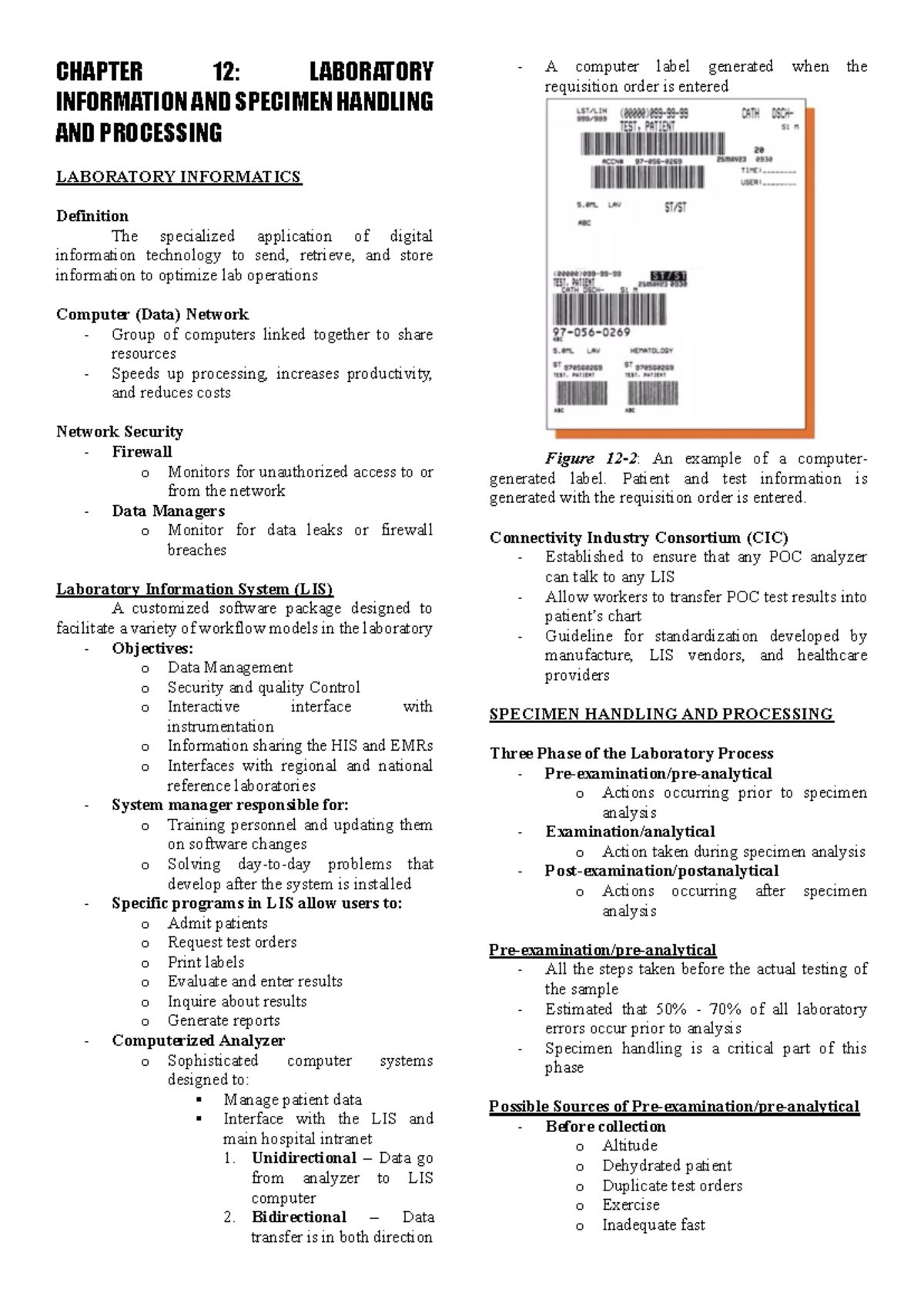 [LAB] Chapter 12: Laboratory Informatics & Specimen Processing - Studocu