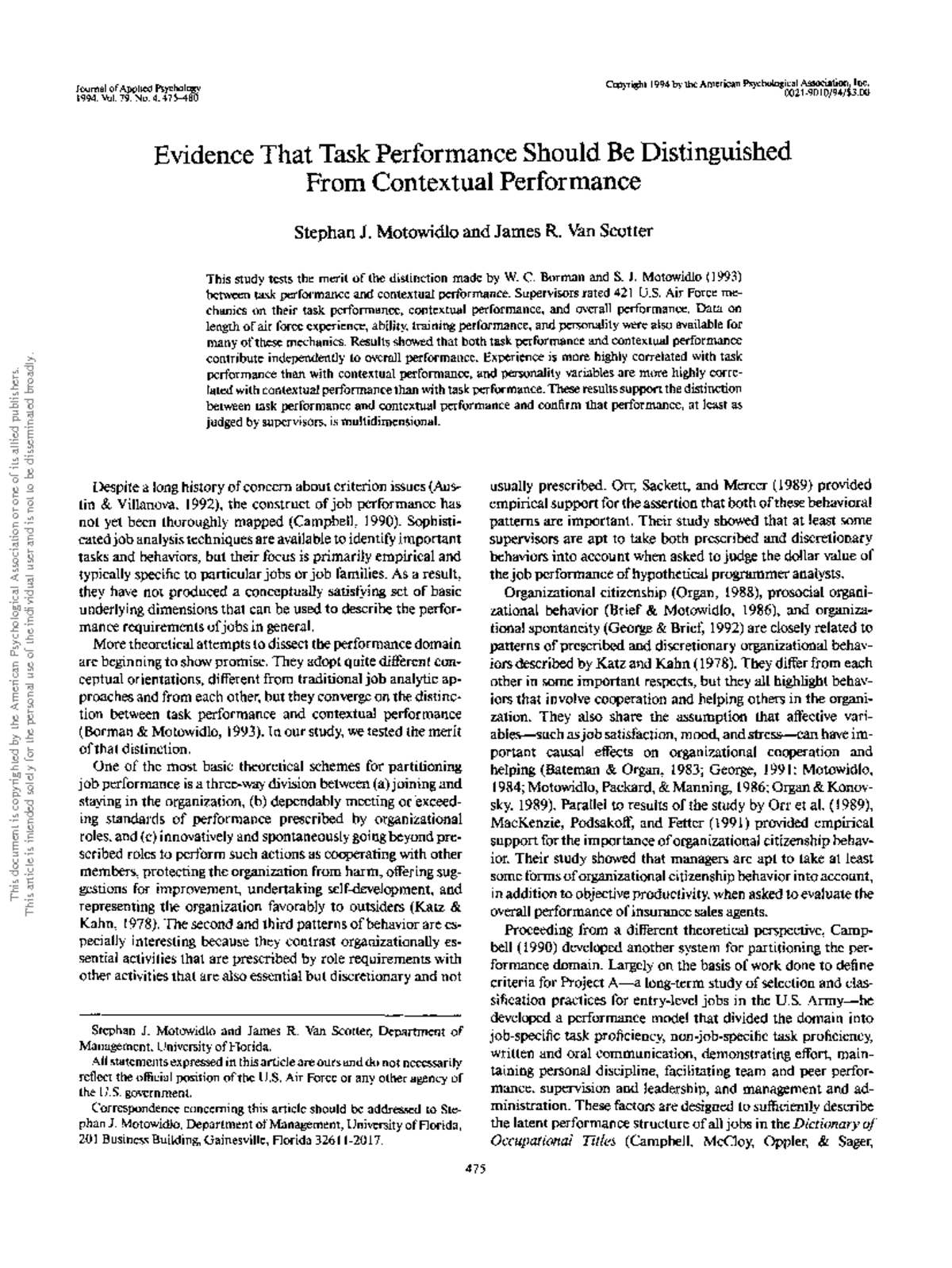 Evidence of Task vs. Contextual Performance in Psychology (APSY 1994 ...