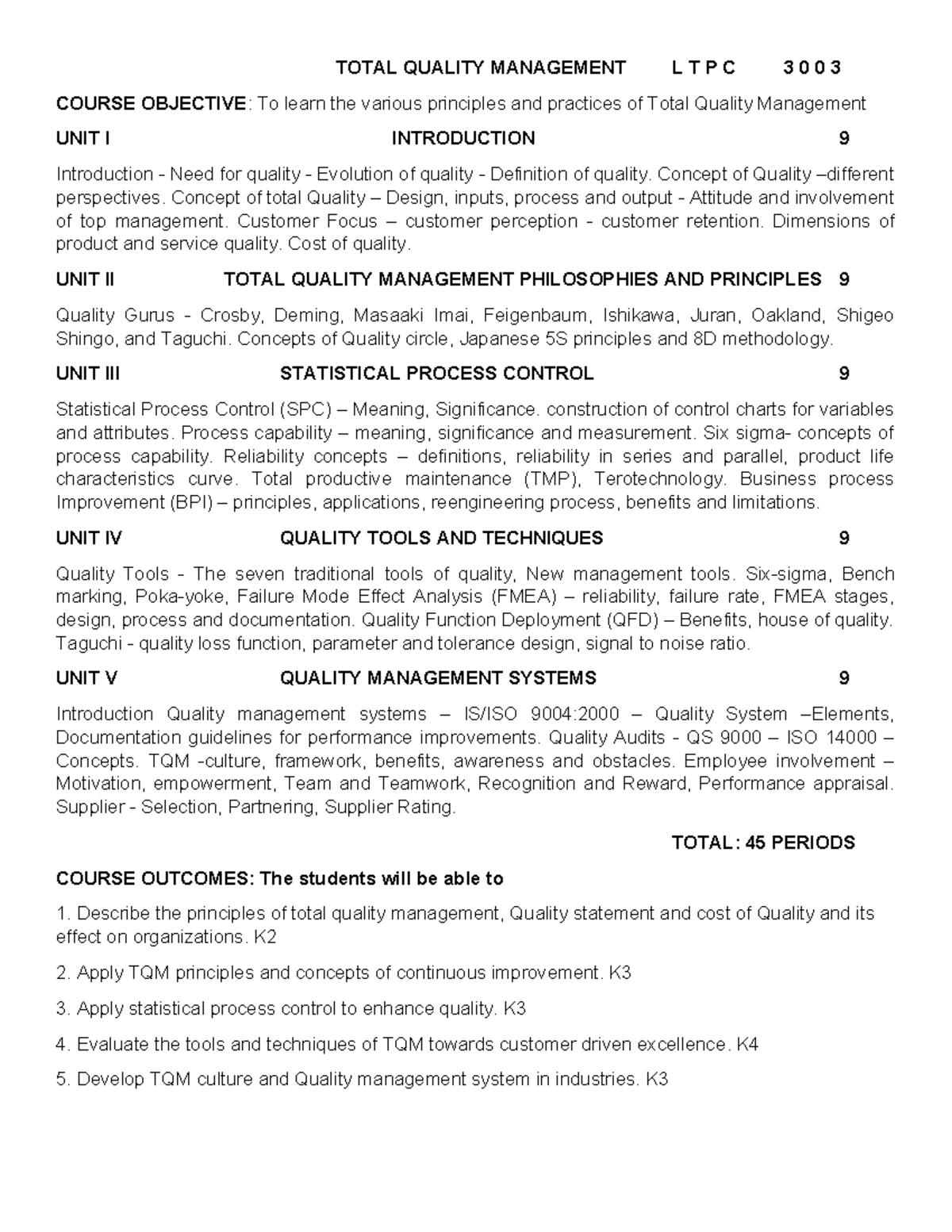 TQM Syllabus - Principles, Practices, and Tools for Quality Management ...