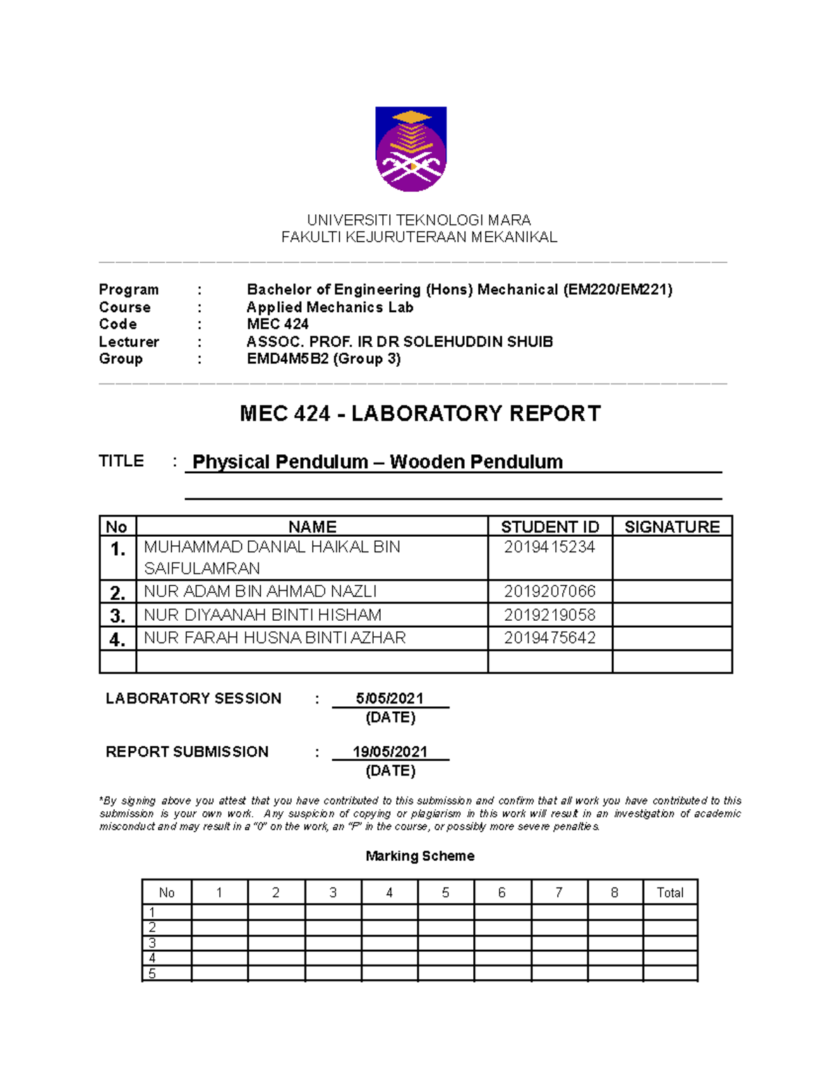 MEC 424 - Lab Report on Physical Pendulum Dynamics and Analysis - Studocu