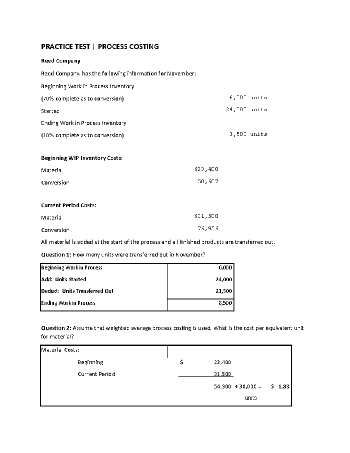 Practice Test Solutions: Process Costing Concepts and Calculations ...