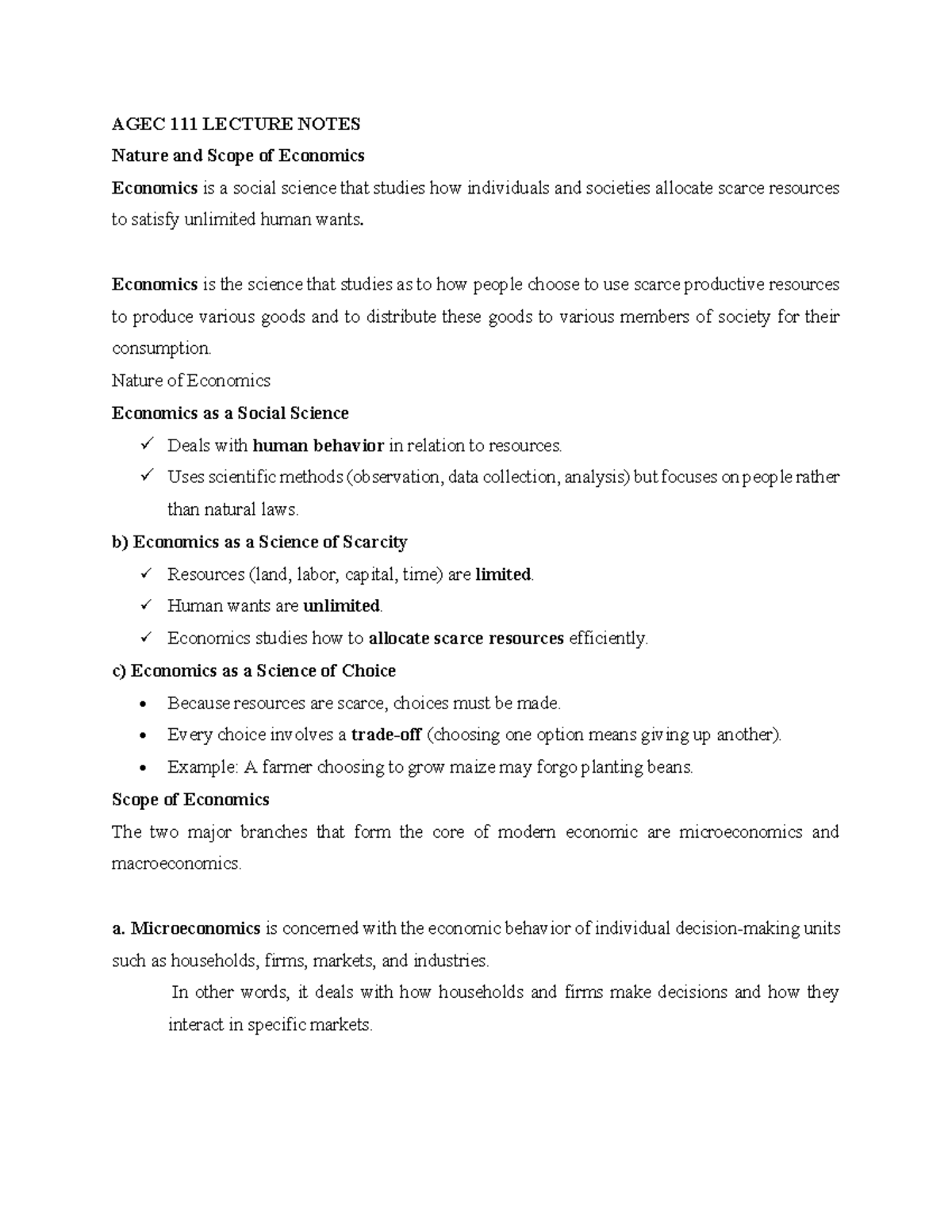AGEC 111 LECTURE NOTES: Nature and Scope of Economics - Studocu