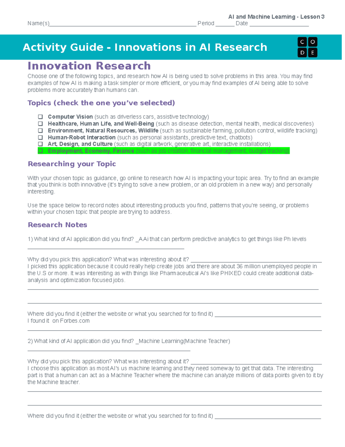 U7L03 - Activity Guide: Exploring Innovations in AI Applications - Studocu
