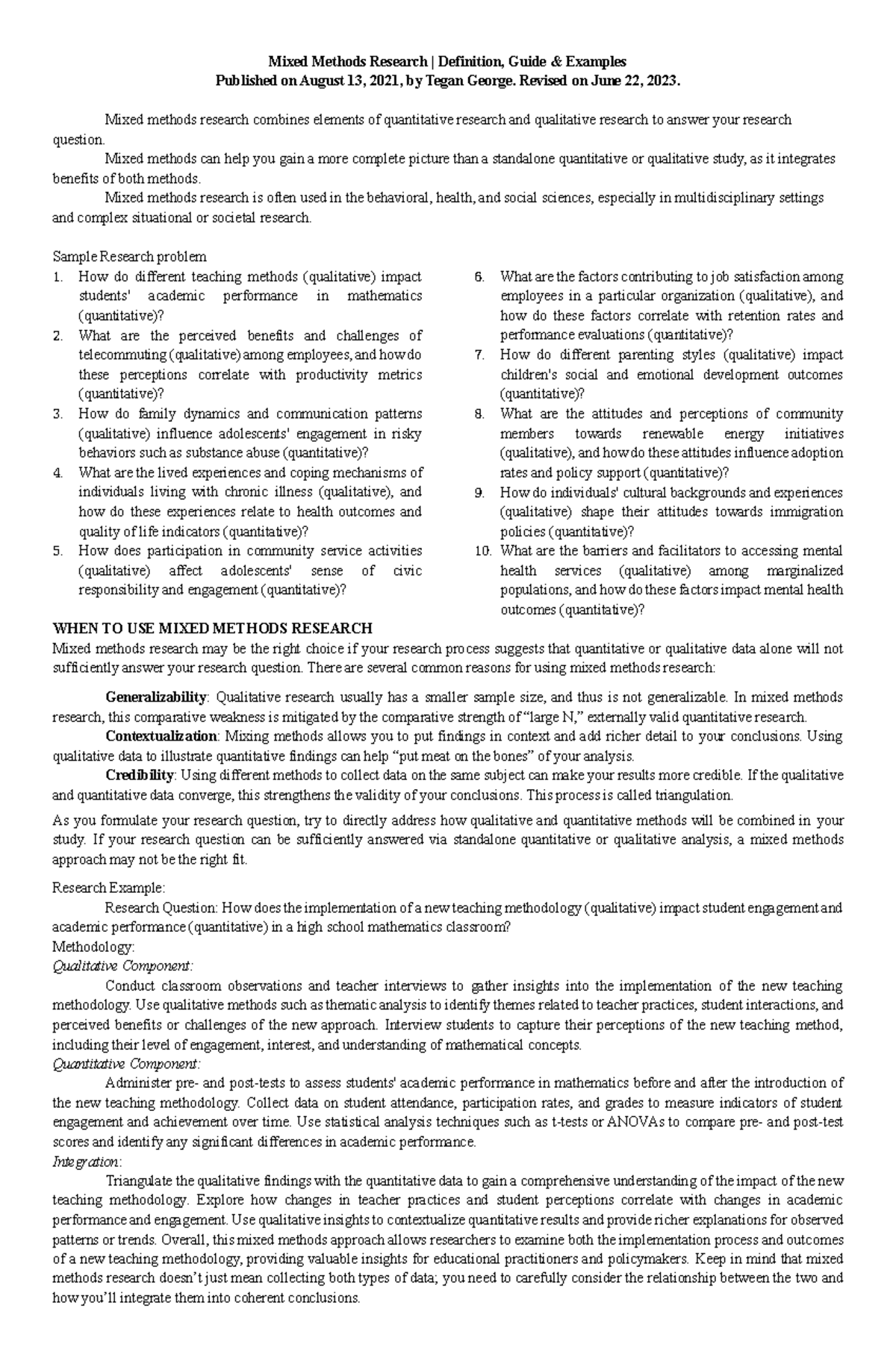 Mixed Methods Research III: A Comprehensive Guide and Examples - Studocu