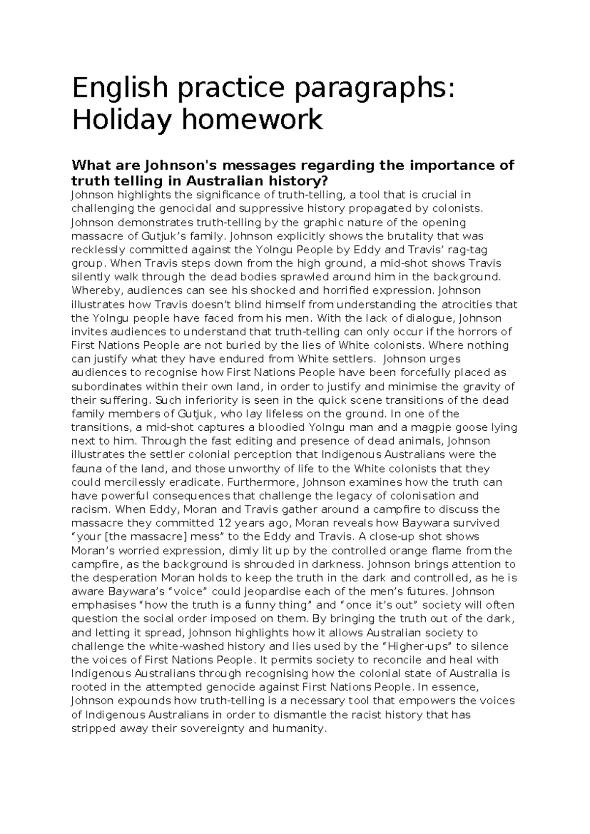 English Practice Paragraphs: Truth Telling in Australian History - Studocu