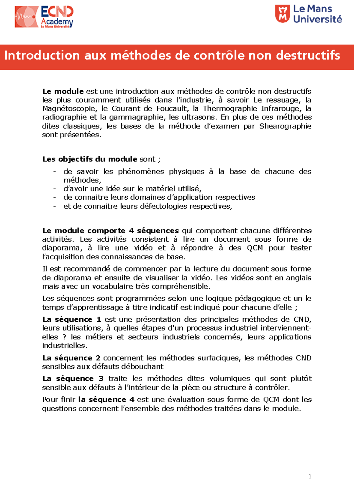 Méthode CND 1 - test - 1 Le module est une introduction aux méthodes de ...