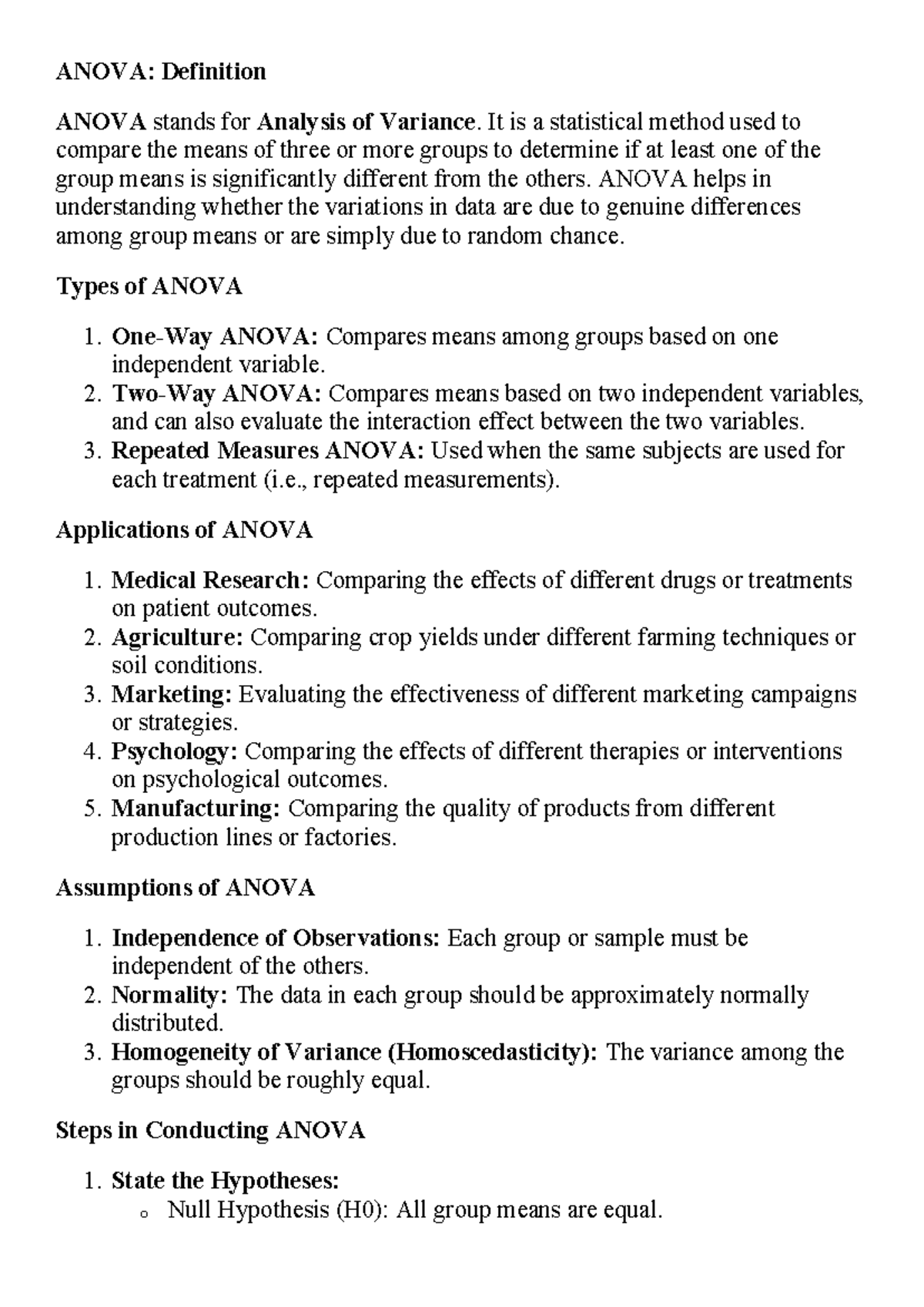 ANOVA: Comprehensive Overview of Analysis of Variance Methods - Studocu