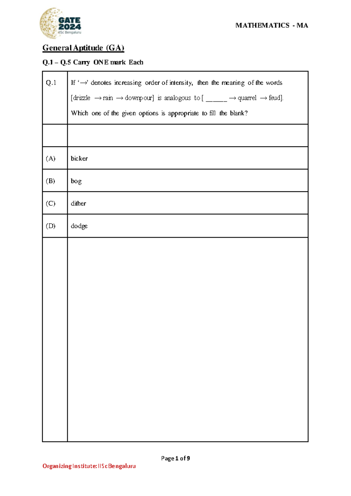 GATE 2024 MATHEMATICS MA Question Paper with General Aptitude - Studocu