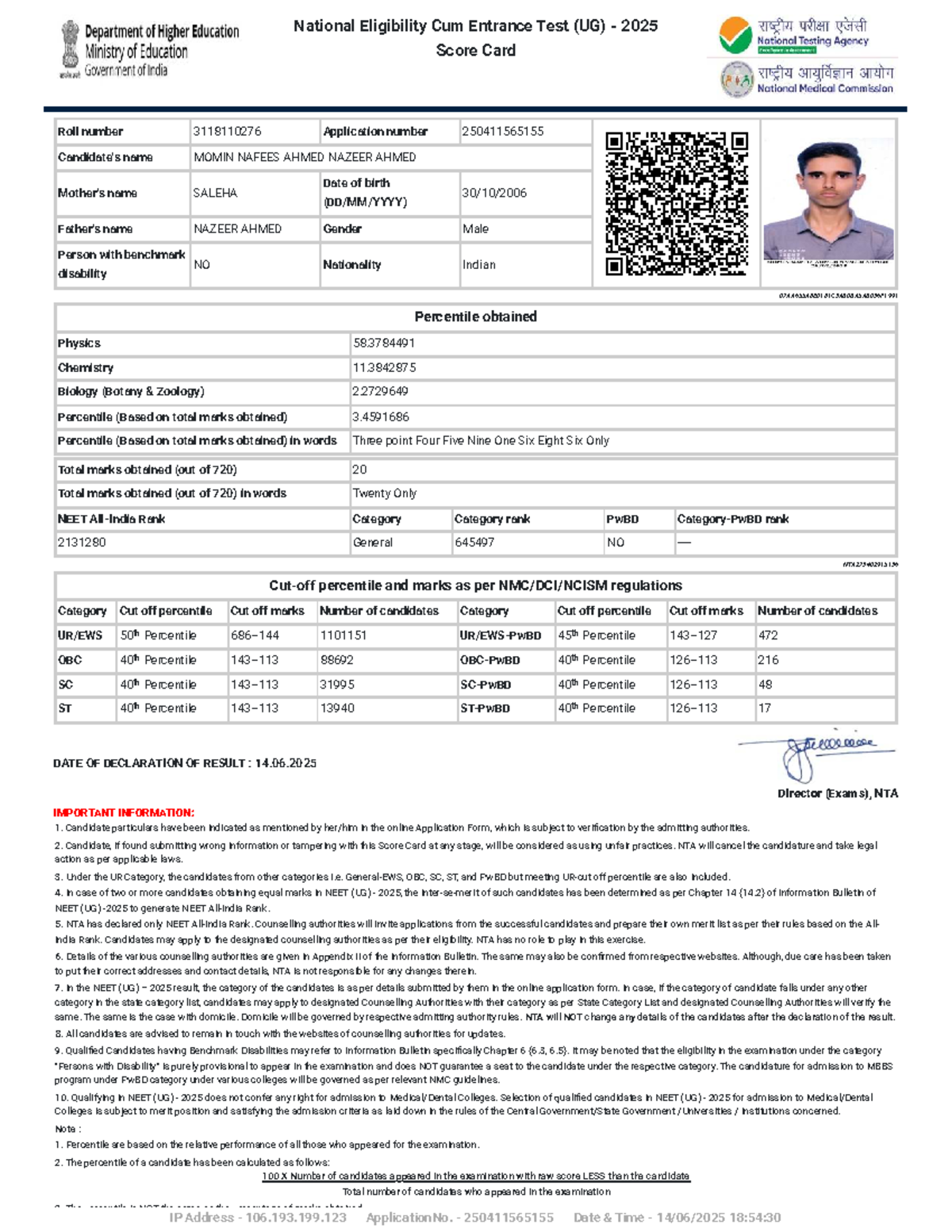 NEET (UG) 2025 Score Card for Momin Nafees Ahmed Nazeer - Studocu