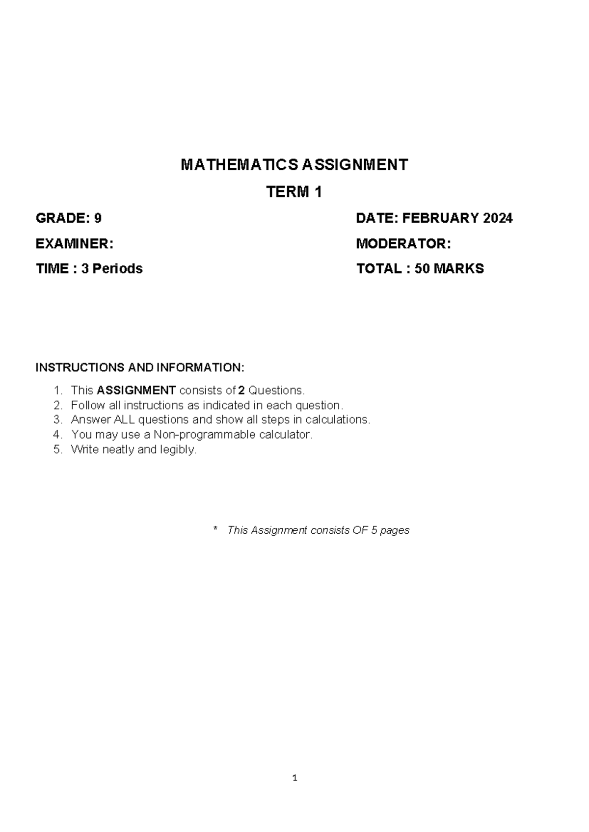 MATHEMATICS ASSIGNMENT GRADE 9 TERM 1 - FEB 2024 - Studocu