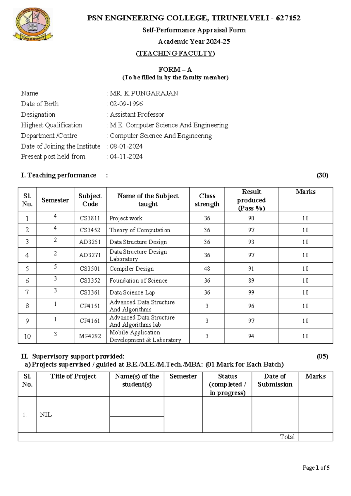 PSN Engineering College Faculty Appraisal Form - AY 2023-24 - Studocu