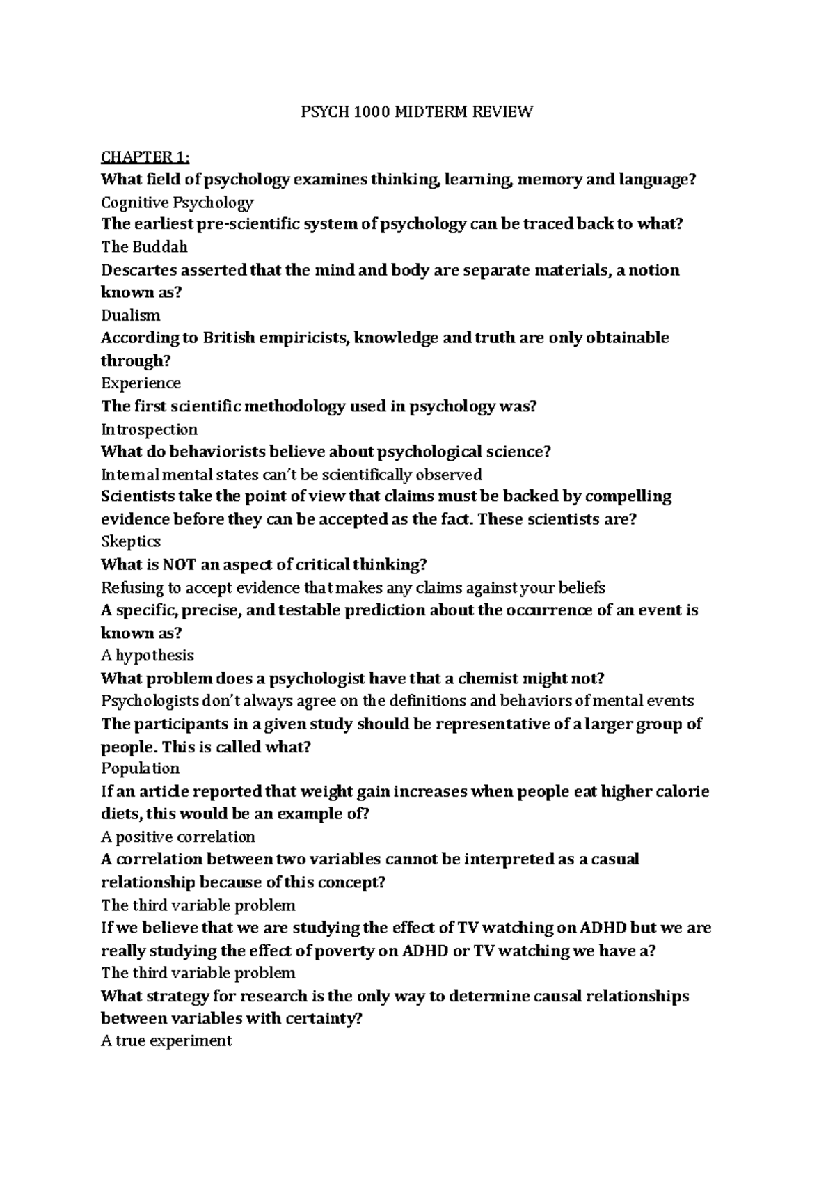 PSYCH 1000 Midterm 1 Comprehensive Review Notes - Studocu