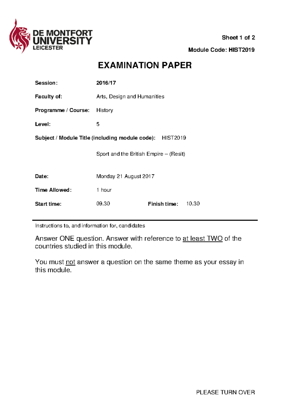 HIST2019 2017 Resit Exam - Sheet 1 of 2 Module Code: HIST PLEASE TURN ...