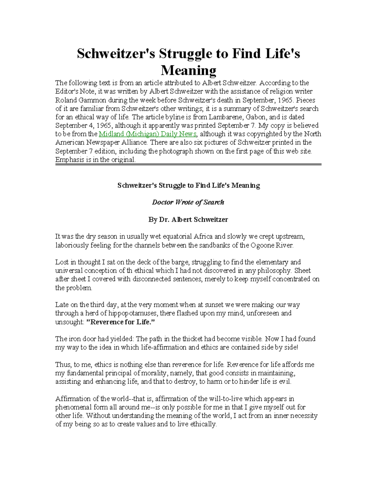Schweitzer's Reverence for Life: A Search for Meaning - Studocu