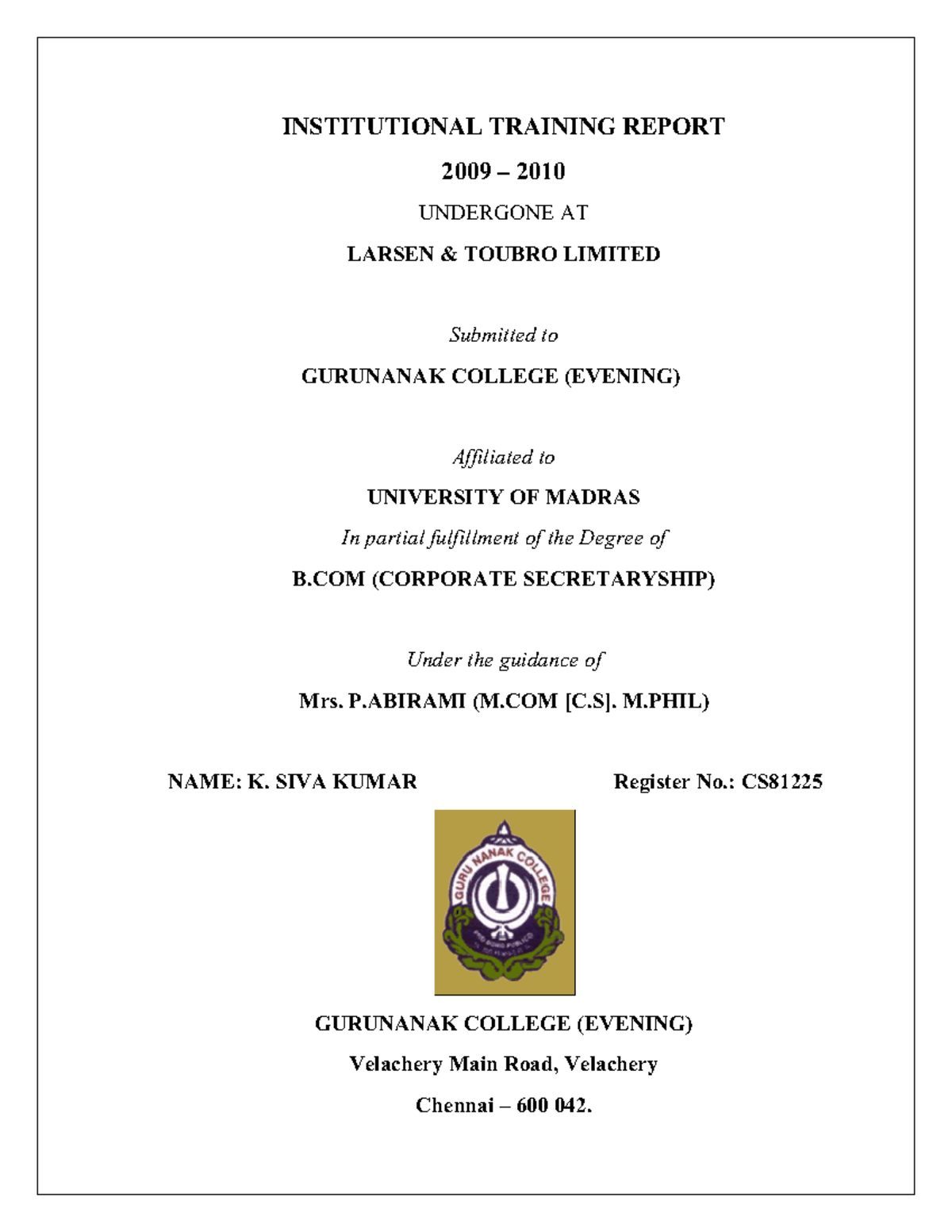 38013840 Final Project Report on Institutional Training at L&T - Studocu