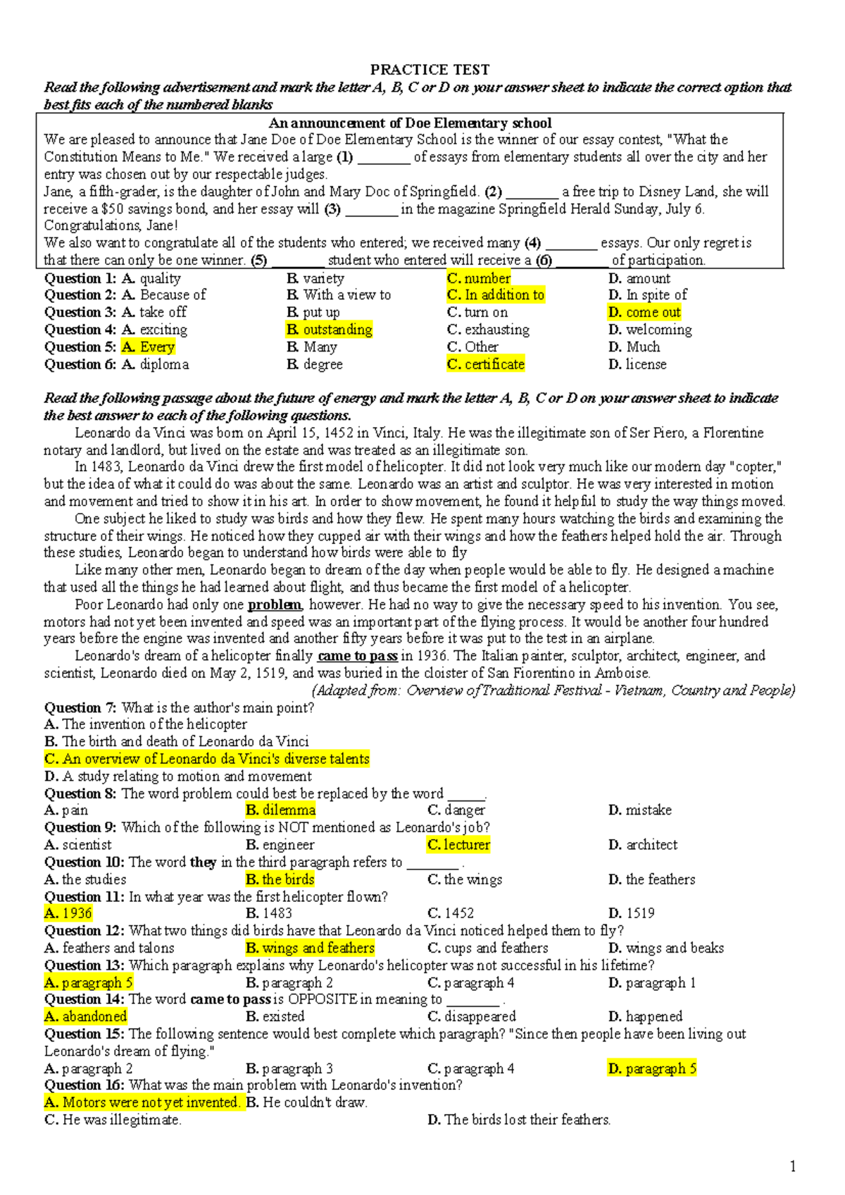 Revision English 12 - Practice Test and Essay Contest - Studocu