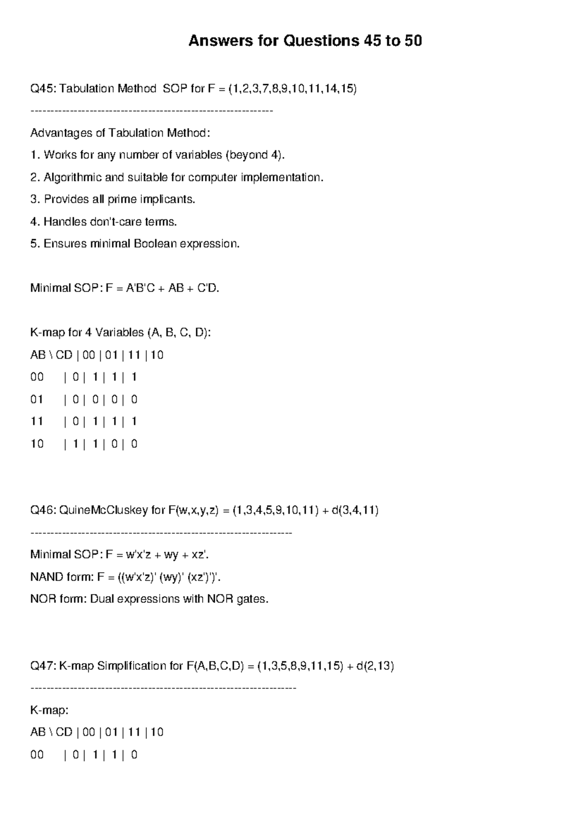 Answers for Questions 45 to 50 - Tabulation Method & Simplification ...