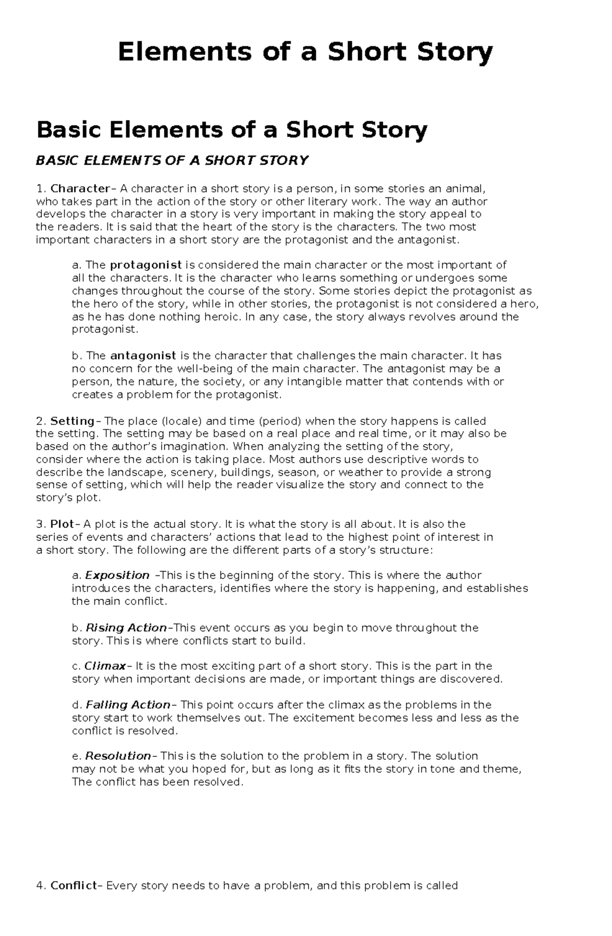 BASIC ELEMENTS OF A SHORT STORY: Character, Setting, and Plot - Studocu