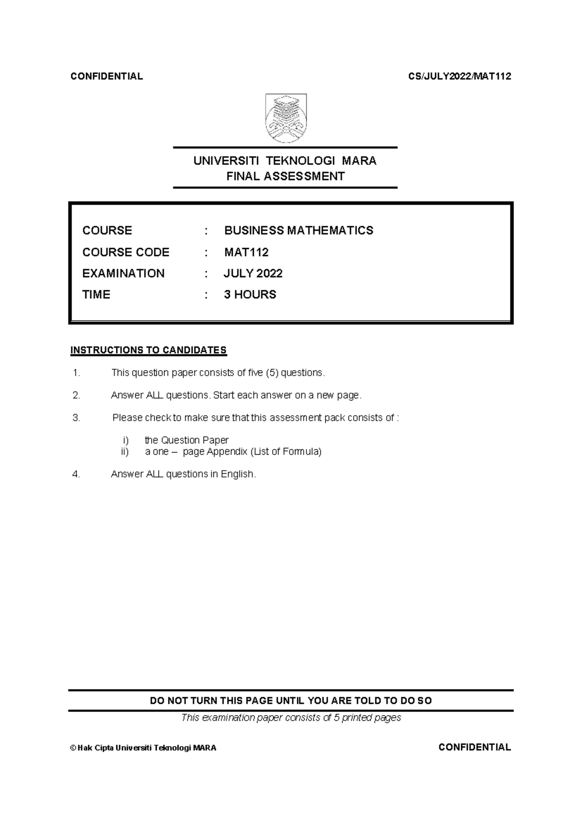 2022 JULY MAT112 - Final Assessment Business Mathematics Exam - Studocu