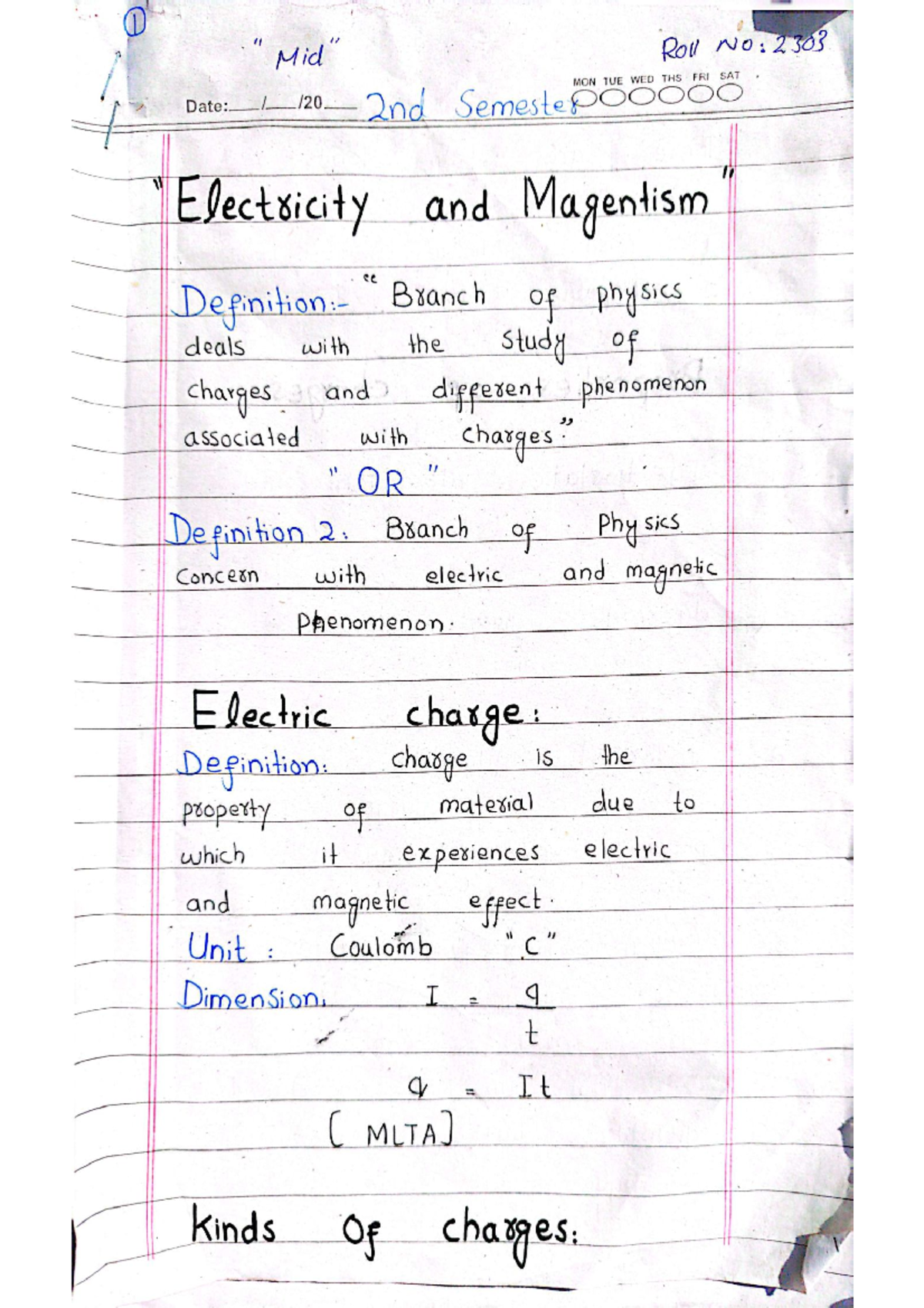EMT 2nd Sem: Senior Physics Notes on Electric Charges & Fields - Studocu