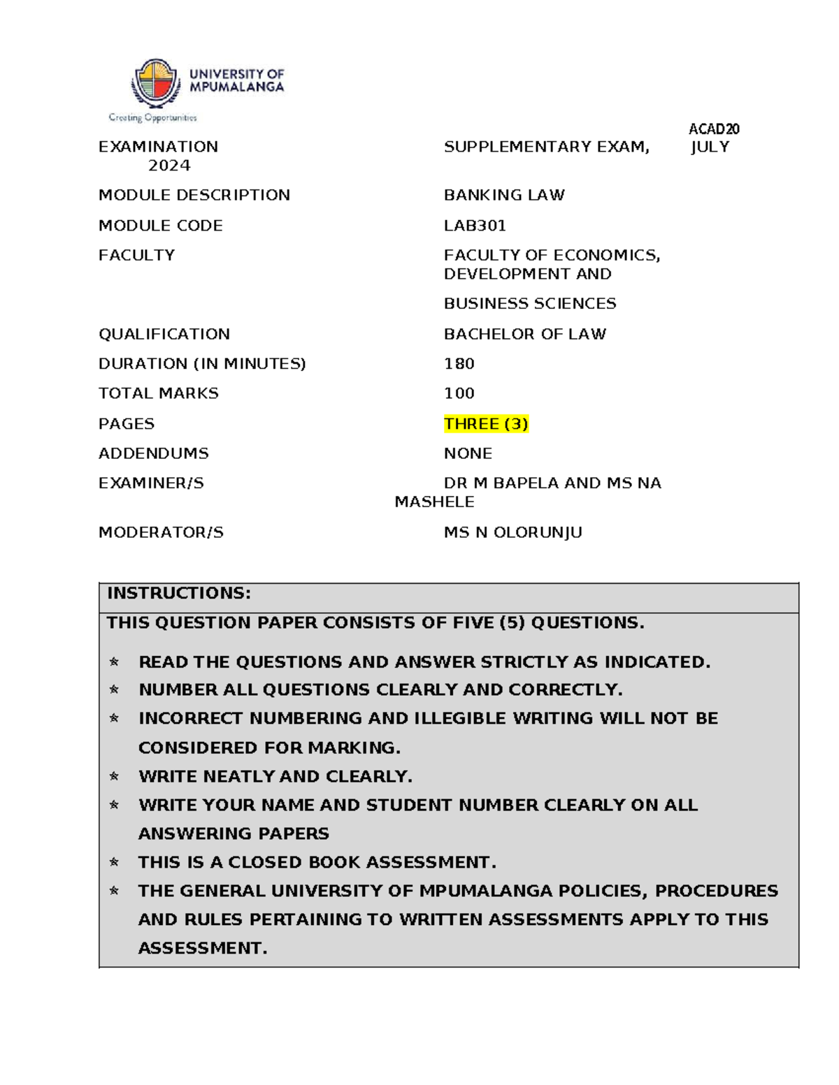 LAB301 Supplementary Exam 2024: Banking Law Questions and Guidelines ...