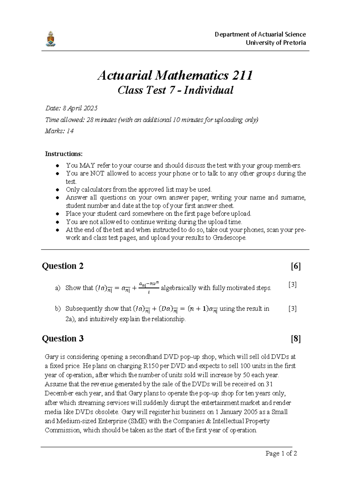 IAS 211 Actuarial Mathematics Class Test 7 - April 8, 2025 - Studocu